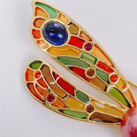 VTG Joan Rivers Signed Dragonfly Brooch Gold Tone Enamel Articulated Colorful - Picture 5 of 12